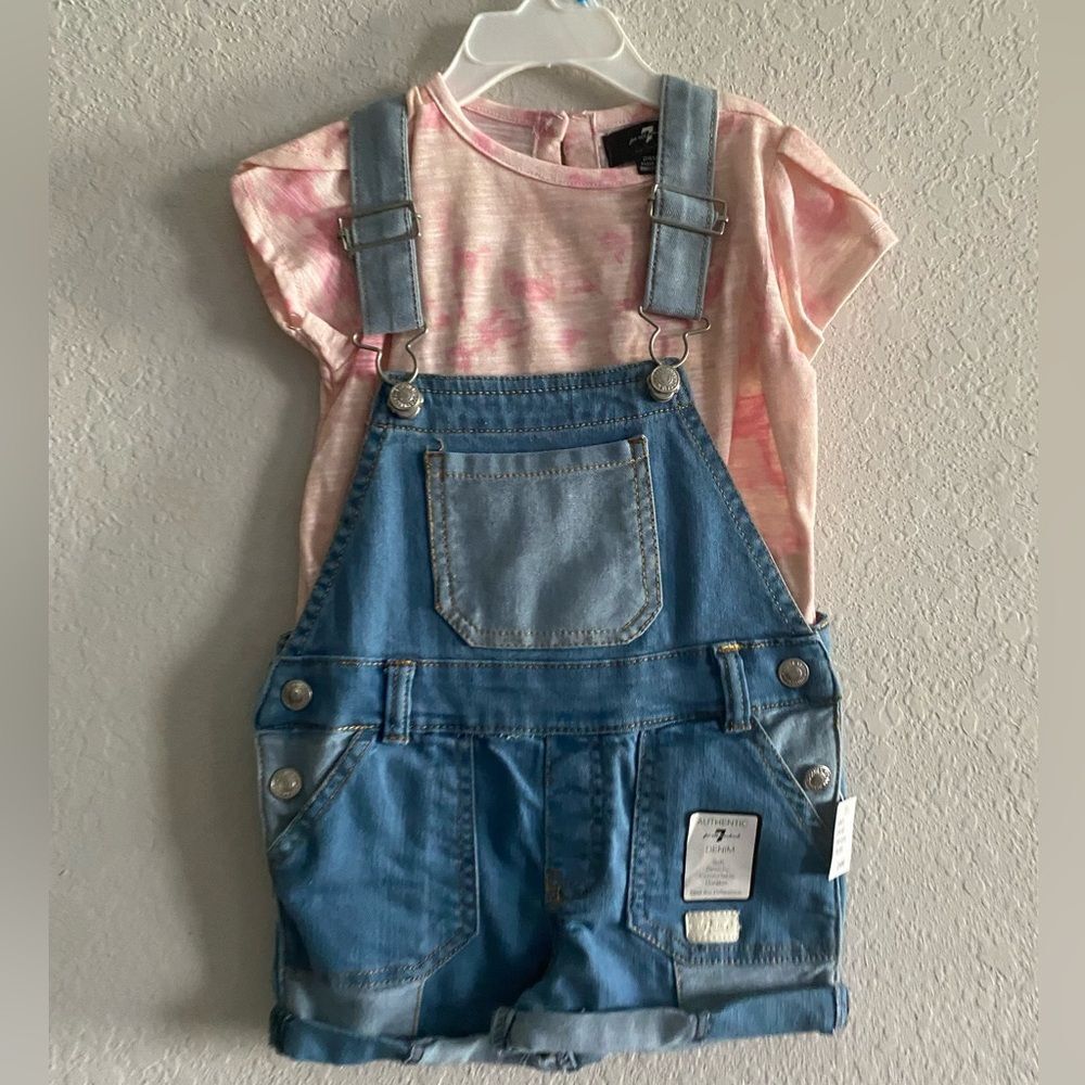 NWT 7 for all mankind baby girl 2 piece set blue jean overalls shirt 24 months